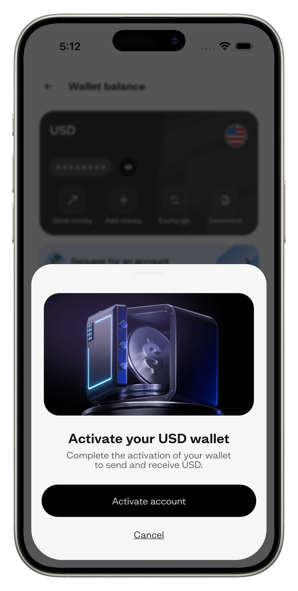 Activate your USD wallet screen