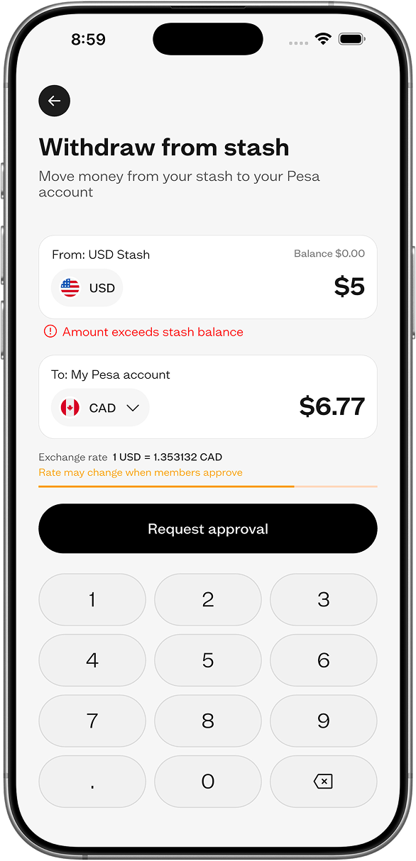 Withdraw from stash screen